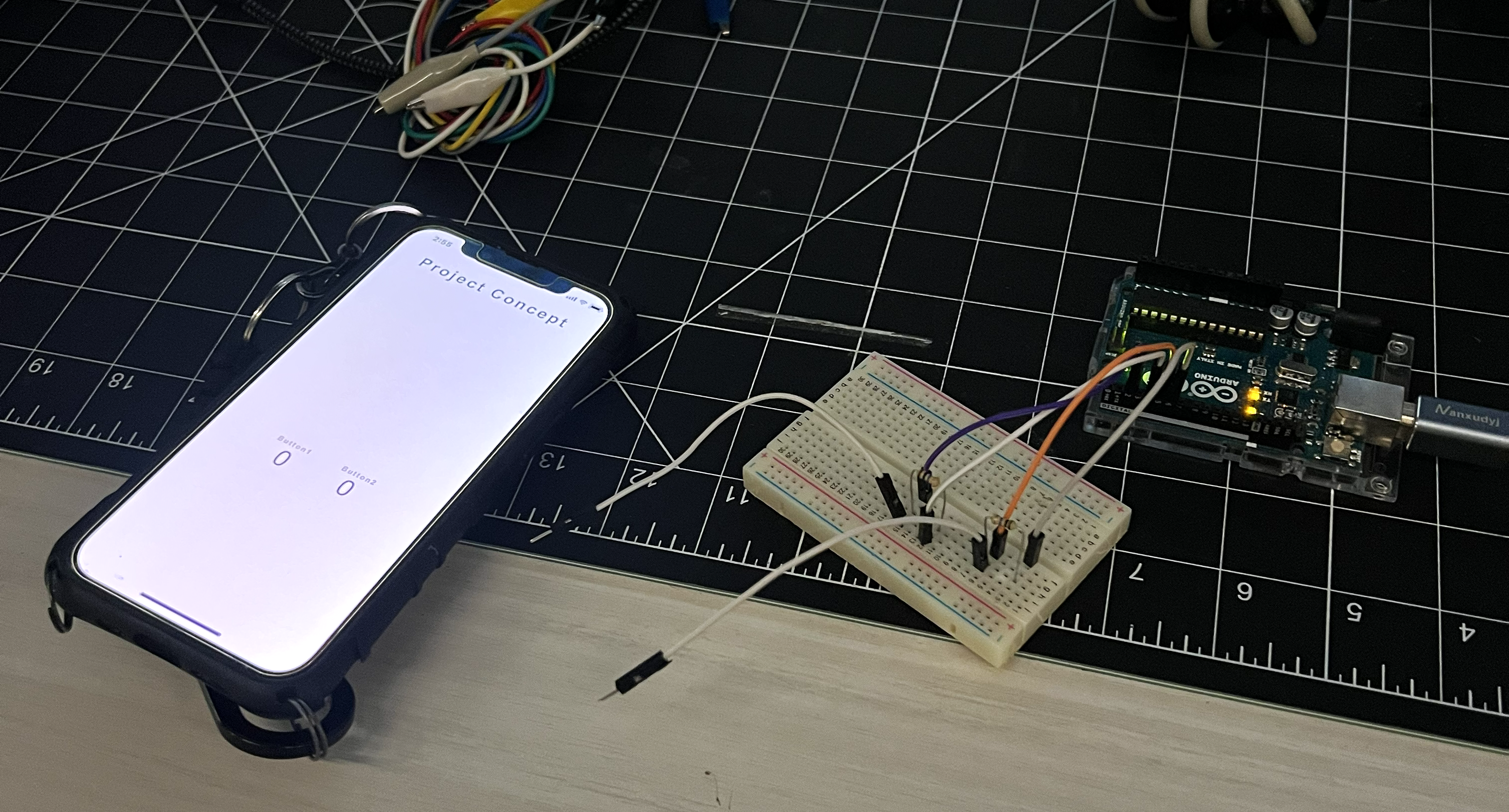Finally, we explored Arduino’s capacitive touch sensors through a UI on ProtoPie. It displayed numbers that changed when the capacitive touch wires were touched.